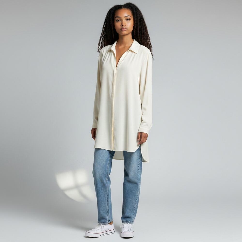 Lafayette 148 New York 100% Silk Ivory Pleated Back Tunic Blouse XL